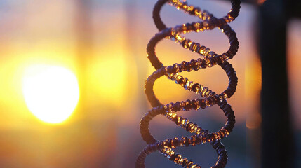 Stunning sunset illuminates closeup of DNA strand, showcasing intricate details and vibrant colors