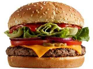 Juicy cheeseburger with sesame bun lettuce tomato eat beef food on transparent background