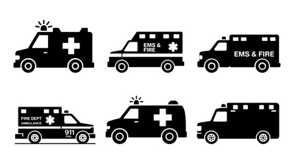  Collection of Black Silhouette Ambulances and Emergency Vehicles