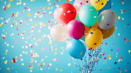 Child's colorful balloon bouquet with confetti and streamers, celebrating joy and playfulness on International Children's Day.