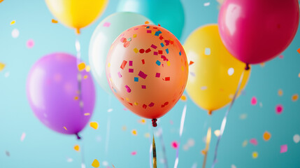Child's colorful balloon bouquet with confetti and streamers, celebrating joy and playfulness on International Children's Day.