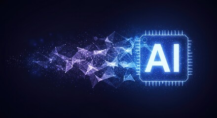 Artificial intelligence concept with glowing ai text and abstract geometric background.