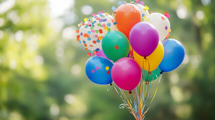 Child's colorful balloon bouquet with confetti and streamers, celebrating joy and playfulness on International Children's Day.