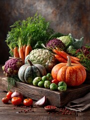 Fresh autumn vegetables on wooden board