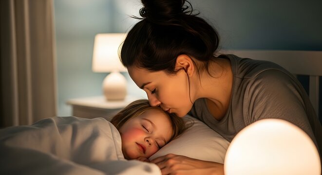 Mother kissing her child goodnight in bed - Powered by Adobe