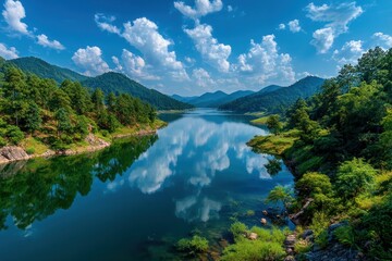 Scenic lake with clouds reflected
