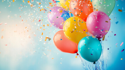 Child's colorful balloon bouquet with confetti and streamers, celebrating joy and playfulness on International Children's Day.