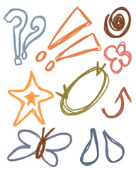 Colorful hand-drawn doodles including punctuation marks, arrows, stars, and symbols