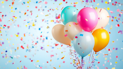 Child's colorful balloon bouquet with confetti and streamers, celebrating joy and playfulness on International Children's Day.