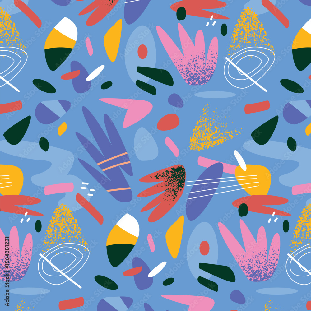 Poster a colorful abstract pattern with various shapes and textures on a light blue background