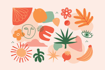 Abstract artwork with fruits foliage a sun face and eye on a light background