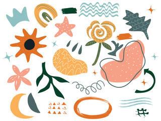 A collage of varied colorful abstract handdrawn shapes on a white background