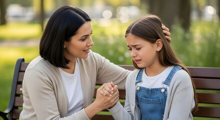 Mother and daughter having a conversation outside