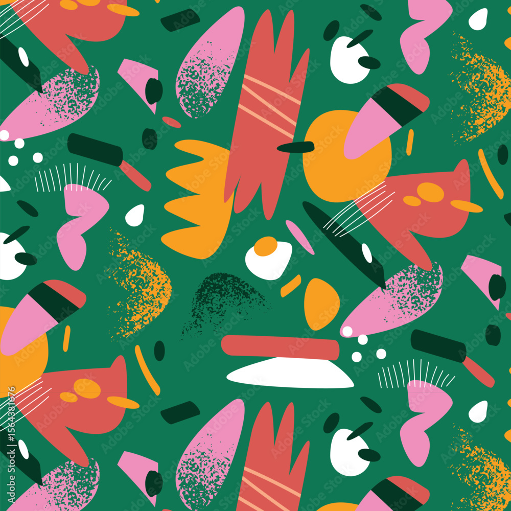 Poster an abstract pattern with a dark green background and various shapes in pink orange red and black