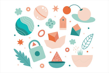 Abstract shapes including planets leaves a lock  plant in muted tones on a white backdrop