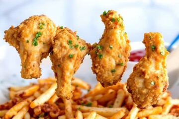 Crispy Fried Chicken Drumsticks & French Fries: Delicious Comfort Food, Golden Brown, Appetizing Meal, Fast Food Photography, Restaurant Menu Image