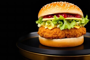 Delicious Chicken Burger on Black Plate: Crispy Fried Chicken Sandwich with Lettuce, Cheese, Ketchup on Sesame Seed Bun - Food Photography