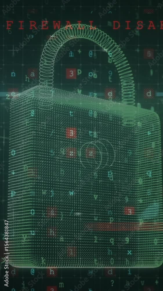 Poster animation of security padlock over data processing on dark background