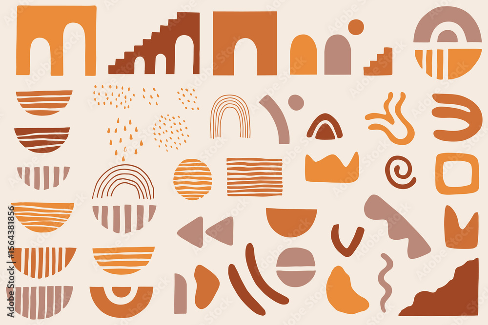 Poster Array of abstract shapes including arches stairs dots lines and curves in brown orange and beige tones