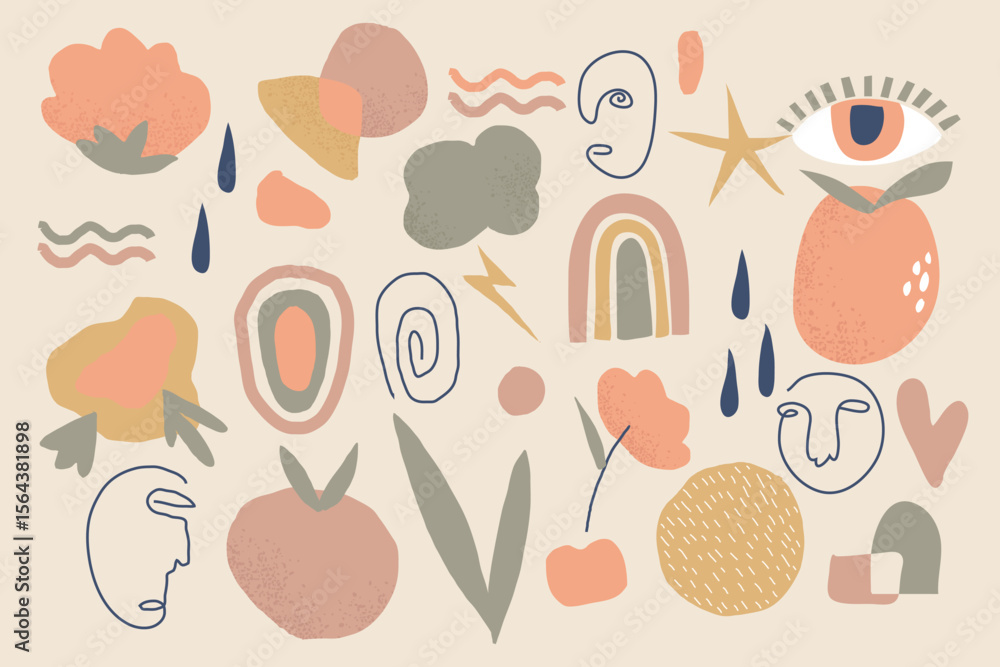 Poster Assorted abstract shapes faces and objects displayed with a muted textured style on a neutral background
