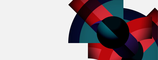 Abstract geometric shapes overlap, creating dynamic colorful composition. Reds, blues, blacks dominate white background. Modern design.