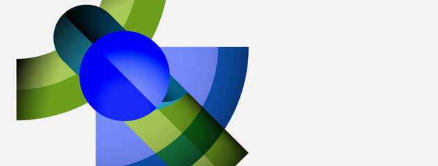 Abstract composition features overlapping blue, green shapes. Circular element dominates center, creating dynamic visual effect. Minimalist design.