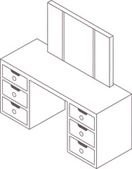 Isometric pink vanity table with drawers and a three panel mirror