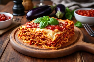 Eggplant Lasagna Recipe: Delicious Homemade Italian Vegetarian Lasagna with Fresh Basil and Tomato Sauce on Wooden Board