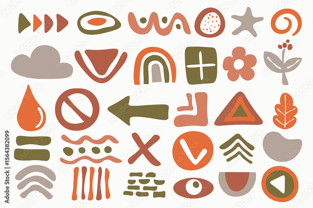 Poster colorful doodle icons arranged in rows feature abstract shapes arrows and natural elements on a ligh