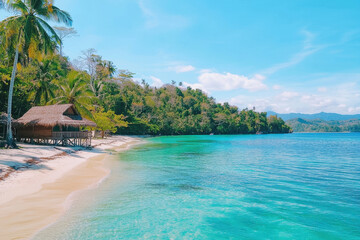 Serene tropical island featuring beach hut, clear turquoise waters, and lush greenery creates peaceful escape