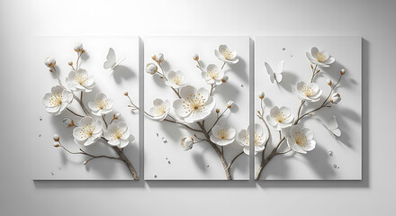 Elegant triptych artwork featuring white cherry blossoms and butterflies on a light background