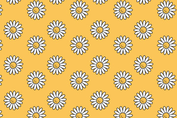 Yellow daisy pattern background with smiley faces seamless floral design for textile and wallpaper design editable vector illustration