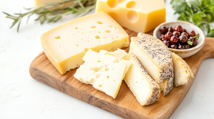 A delicious assortment of cheeses served on a wooden board, accompanied by grapes and greens for a perfect snack.