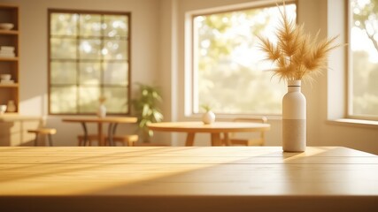Fototapeta premium Wood grain surface in a bright dining area with a vase of dried grass, creating a warm and inviting scene