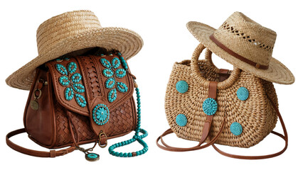 Stylish summer straw bags with turquoise accents and hats girl on transparent background