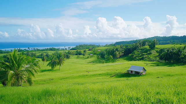 Tropical island with serene countryside, featuring lush green fields, palm trees, and tranquil ocean view - Powered by Adobe