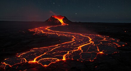 Volcanic eruption at night