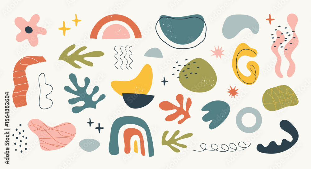 Aufkleber Many organic shapes and abstract elements scattered on a cream background create a playful modern art arrangement