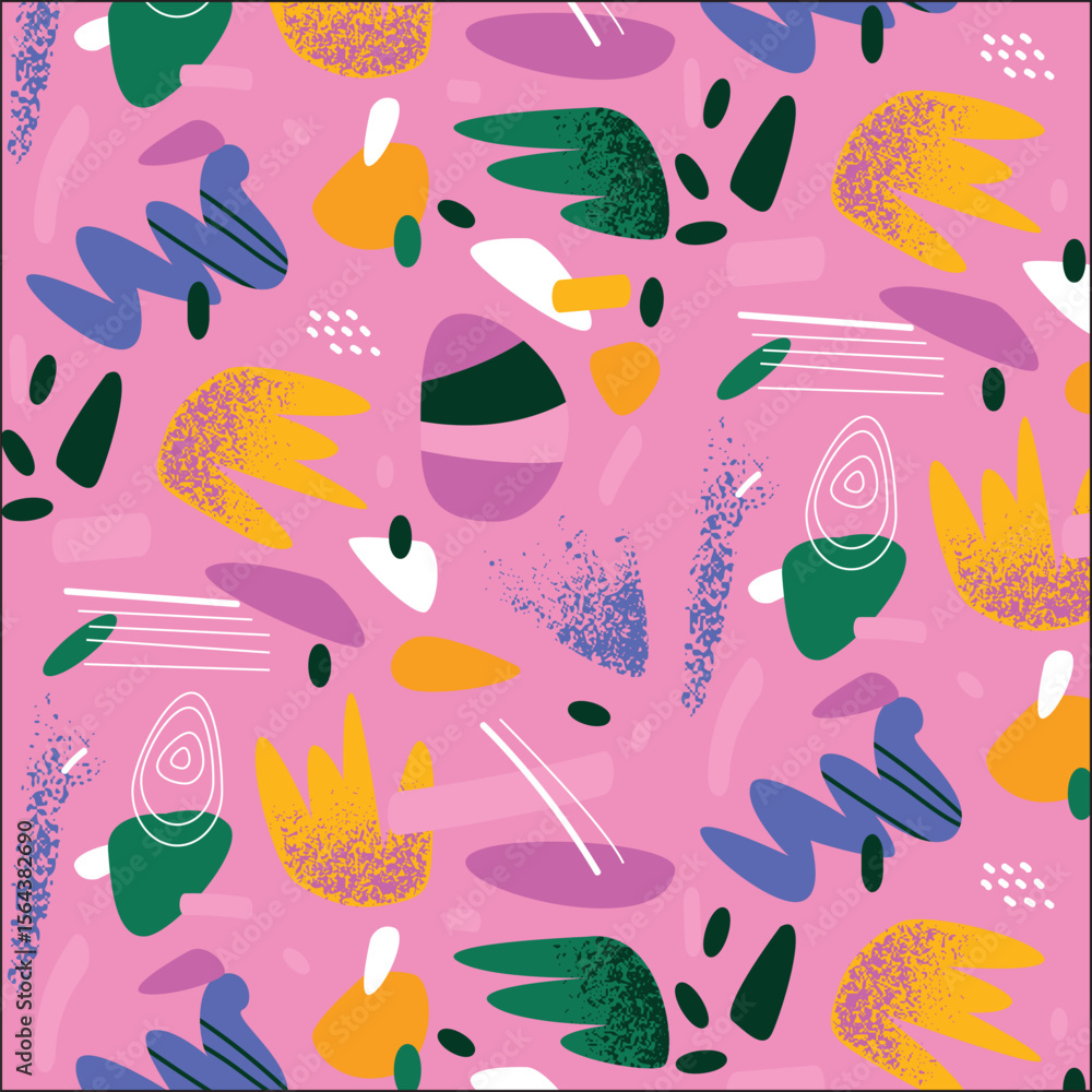 Poster pink background with colorful abstract shapes zigzags dots lines ovals and amorphous forms scattered