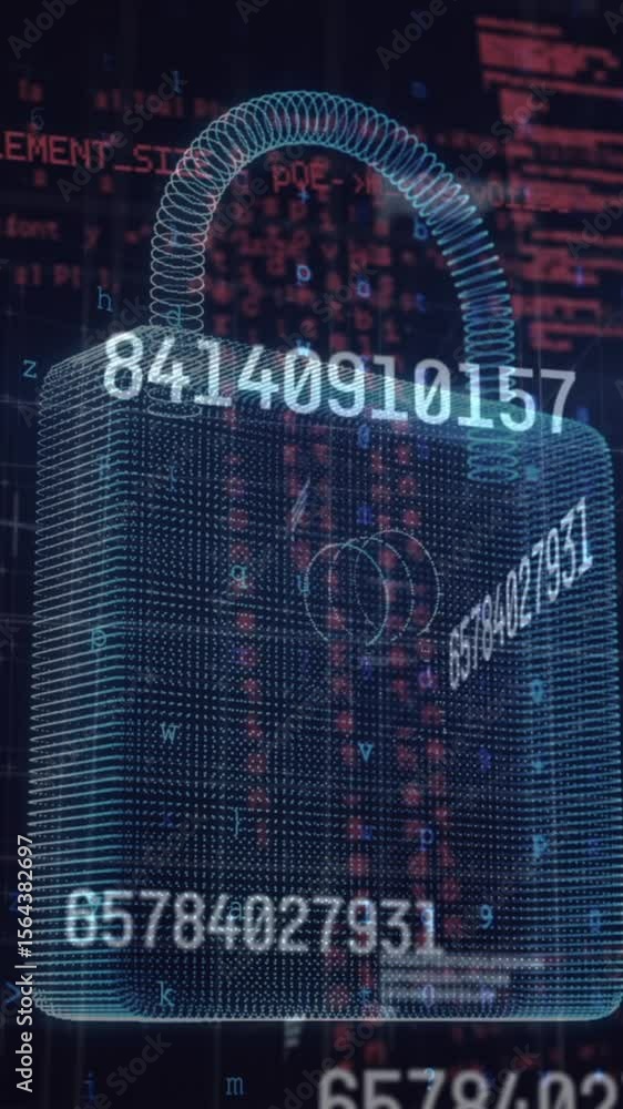 Poster animation of security padlock and data processing over navy background