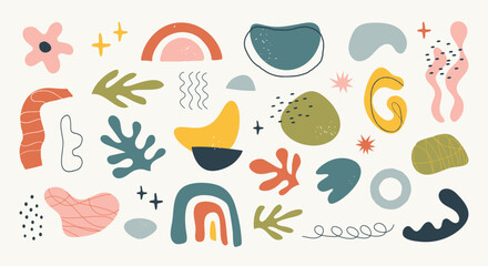 Many organic shapes and abstract elements scattered on a cream background create a playful modern art arrangement