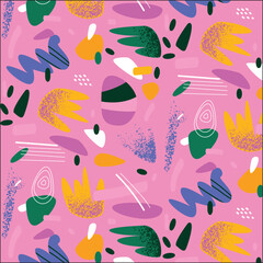 Pink background with colorful abstract shapes zigzags dots lines ovals and amorphous forms scattered randomly