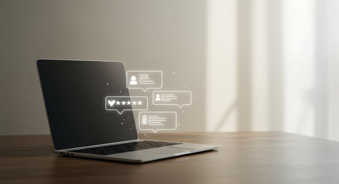 A laptop on a minimalist desk displays a secure login interface with password field and user icons, representing cybersecurity and modern digital communication.