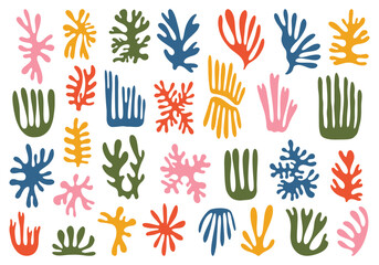 Varied shapes of colorful abstract seaweed coral or plantlike forms on a white background