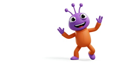 Fototapeta premium Cheerful purple alien mascot with a big smile, dancing happily in a joyful pose. Friendly 3D rendered cartoon extraterrestrial isolated on a white background.