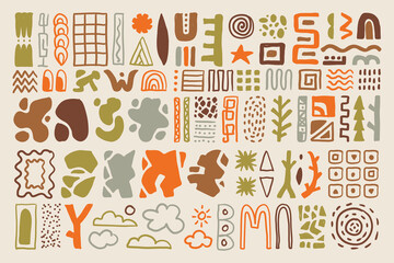 Stylized motifs fill a beige background featuring diverse shapes  symbols in earthy colors
