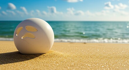 White orb on sandy beach, ocean view
