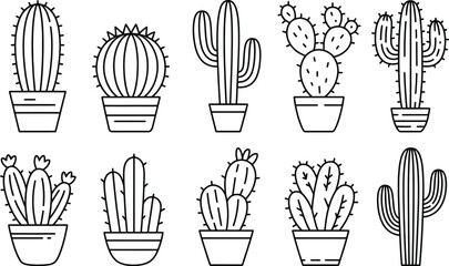 Black and white line art illustrations of various cactus plants in pots