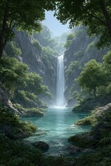 Fototapeta premium Lush waterfall in a secluded valley