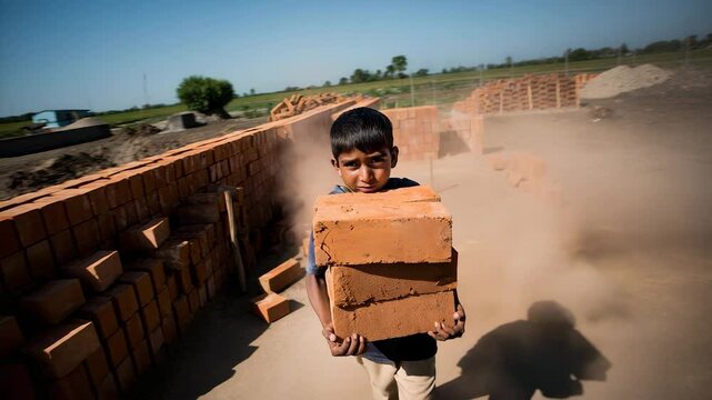 Young boy working at a brick kiln carrying heavy bricks under the sun